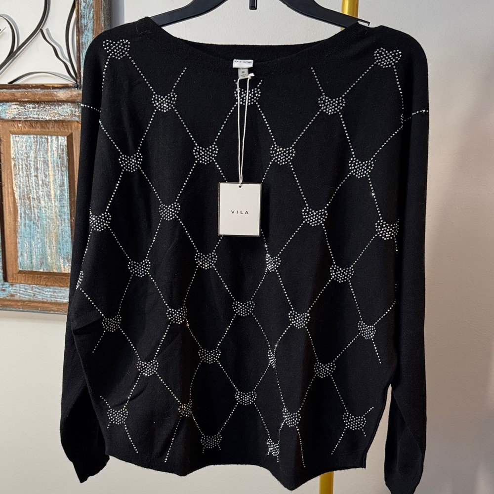 VILA Black crew neck Sweater with Silver Accents NWT M